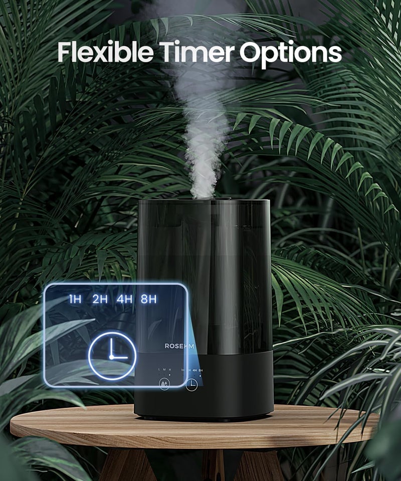 Rosekm 4.5L Humidifiers for Bedroom, Humidifiers for Home Large Room, Cool Mist Humidfiers for Baby and Plant with Timer, Adjustable Mist Level, 360° Nozzle, Auto Shut-Off, Black - Image 3